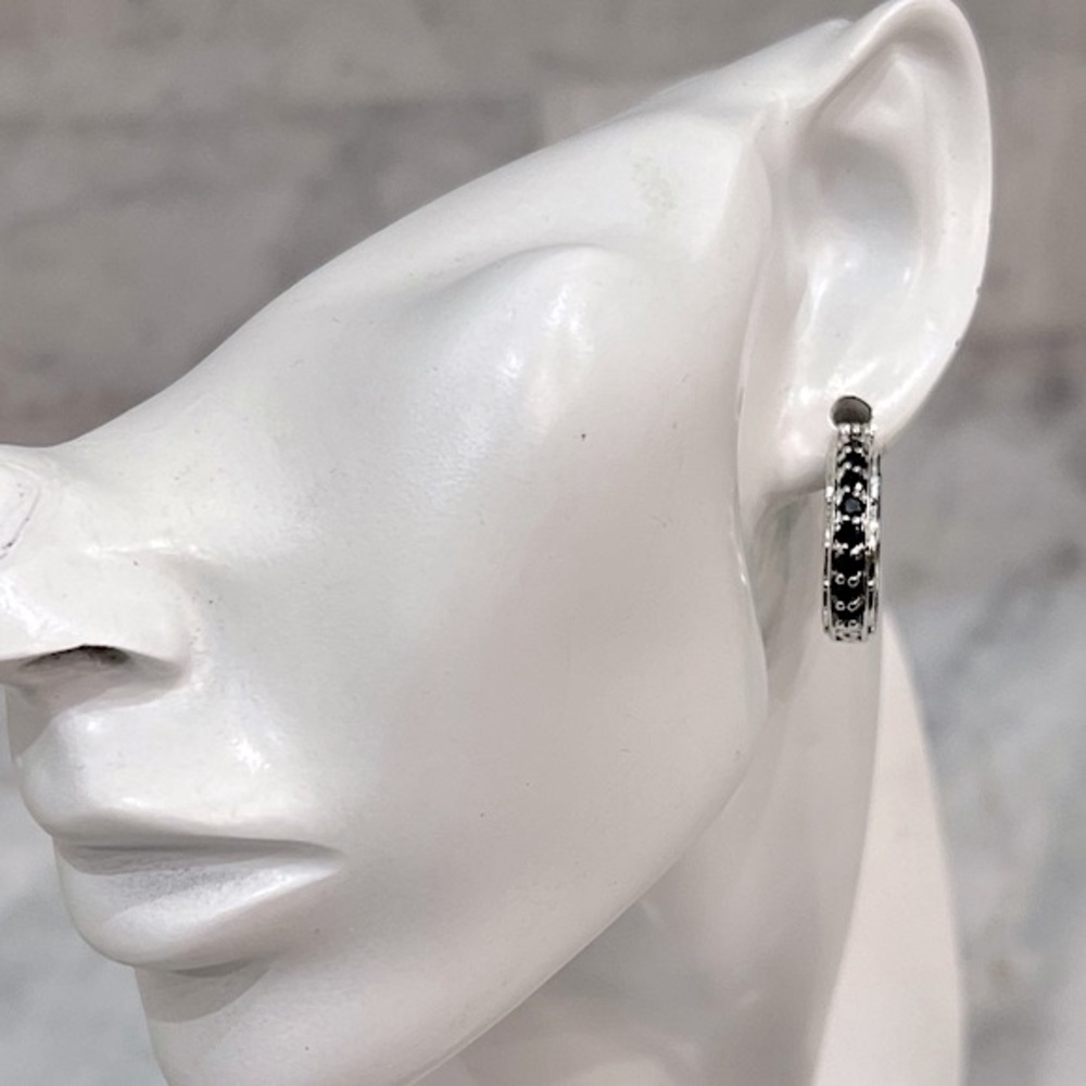 Thai Black Spinel Silver Hoop Scroll Detailed Earrings - Picture 2 of 14